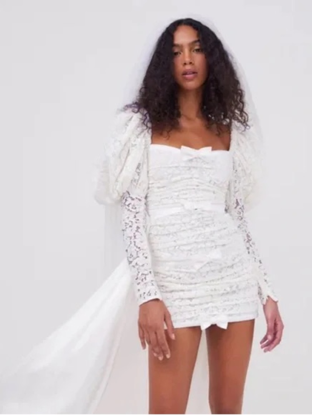 For Love & Lemons Colette White Lace Ruched Mini Dress with Puff Sleeves
